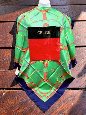 New W/  Box Celine  Paris 100% Silk scarf  34" Blue Green Red Italy Made   ( 22)